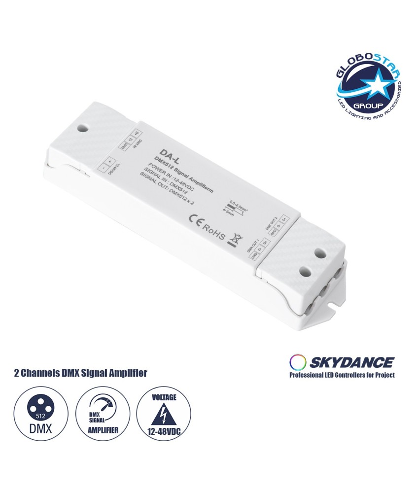 GloboStar® 73138 DA-L SKYDANCE DC DMX512 Signal Amplifier 2 Καναλιών DC 12-48V - IP20  Μ17.5 x Π4.5 x Υ2.5cm - 5 Χρόνια Εγγύηση